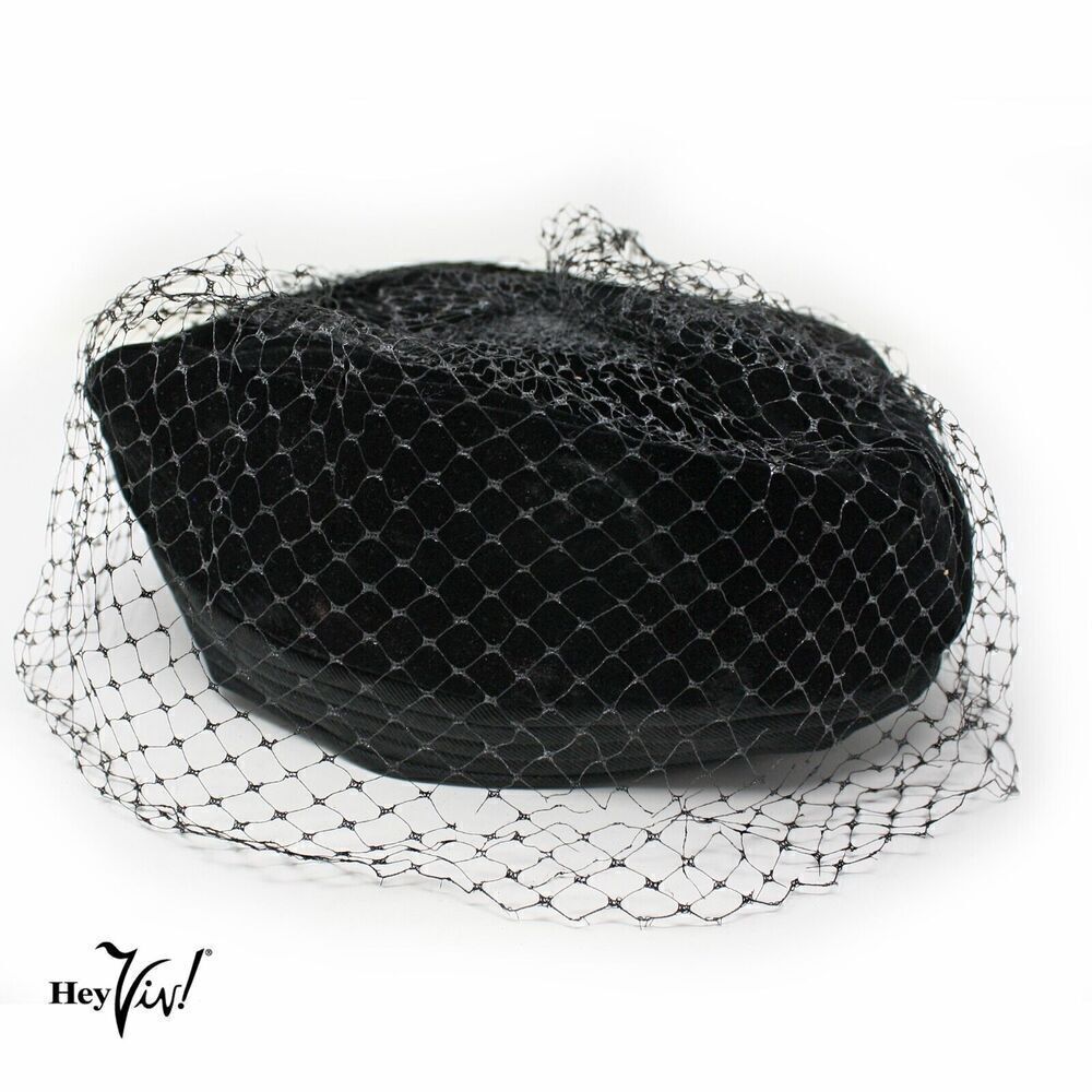 Vintage Black Velvet Hat Pillbox Turban Cocktail Style w Veil Union Tag -Hey Viv - Picture 6 of 7